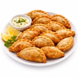 Une assiette blanche contenant des BEIGNETS SAMBOUSEK dorés (Entrée chaude, min 5 pièces, 80g/pièce), garnis de quartiers de citron et de persil, est posée à côté d'un bol de sauce crémeuse à base d'herbes.