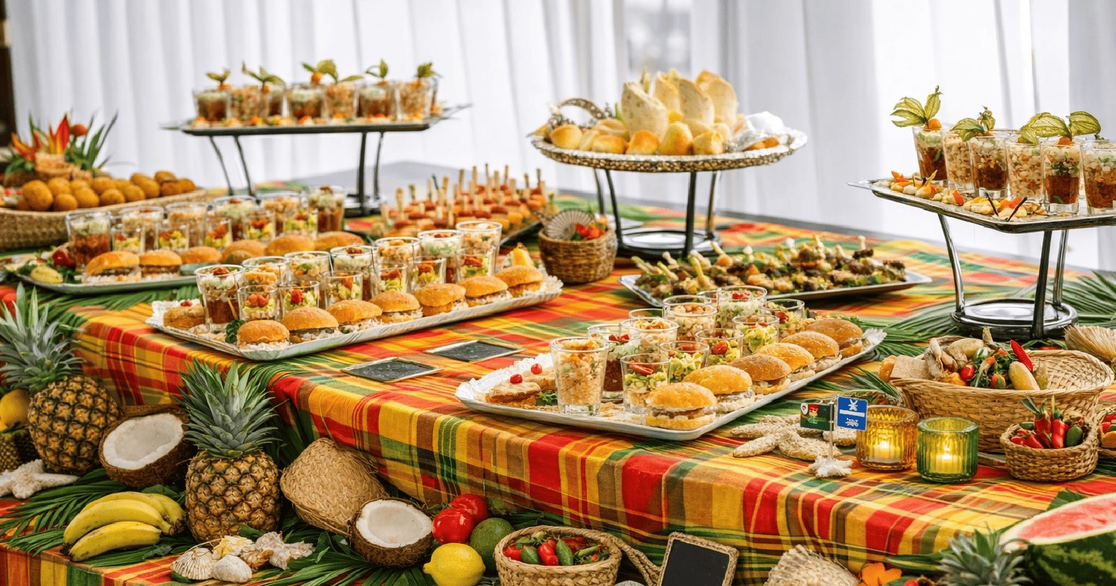 Une table de buffet avec un assortiment d'amuse-gueule, y compris des sandwichs, des pâtisseries, des brochettes et des salades dans de petites coupes, disposés proprement sur des plateaux et des supports dans une pièce lumineuse avec des stores verticaux.