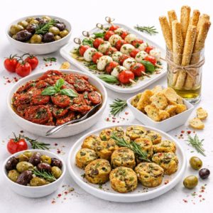 APÉRO ANTIPASTIS ITALIENNES : un assortiment d'amuse-gueule méditerranéens tels que des olives, des tomates séchées, des brochettes de mozzarella et de tomates, des gressins, des croûtons et des pâtisseries salées servis avec des herbes et des tomates cerises sur une surface blanche.