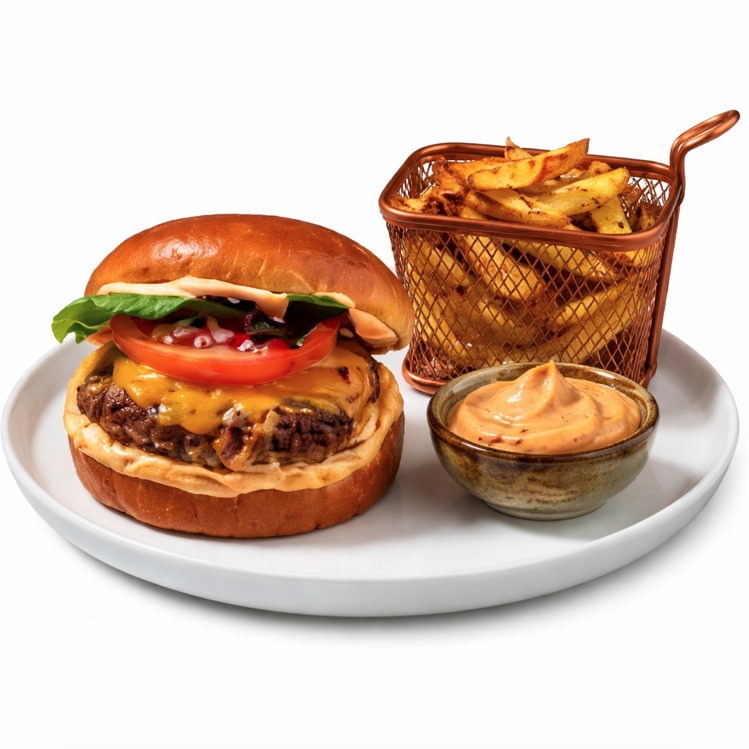 Le BURGER AU BOEUF ET AU CHEDDAR 400g est servi sur une assiette blanche avec laitue, tomate, oignon sur un pain brioché, accompagné d'un panier de frites et d'un petit bol de sauce.
