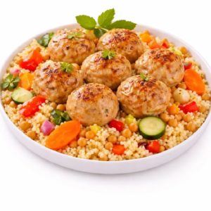 COUSCOUS BOULETTES DE POULET : Six boulettes de viande de poulet rissolées servies sur du couscous avec des pois chiches, des tranches de carottes, de courgettes, de poivrons rouges et une garniture d'herbes fraîches.
