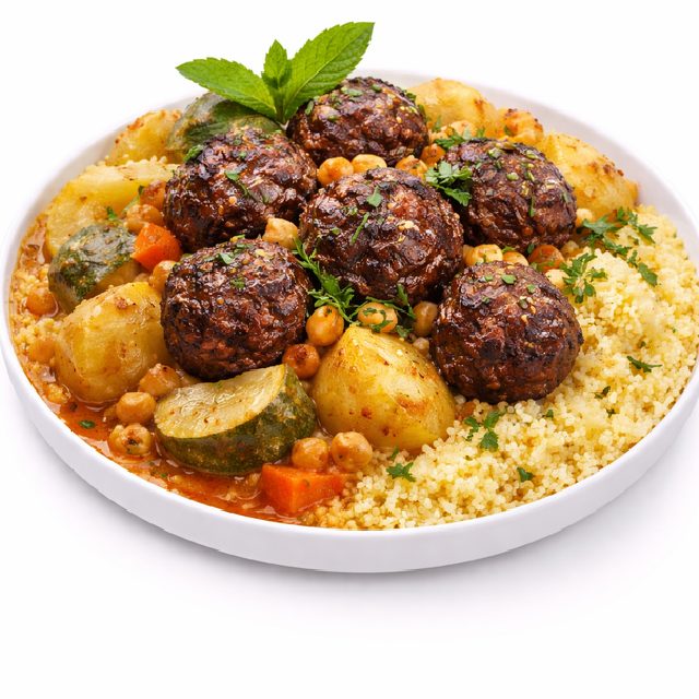 COUSCOUS BOULETTES DE BOEUF : Assiette blanche avec couscous, ragoût de légumes (pois chiches, carottes, pommes de terre, courgettes), boulettes de bœuf grillées et garniture d'herbes fraîches et de menthe.