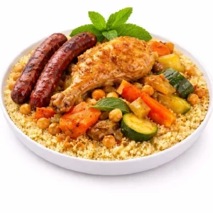 COUSCOUS POULET MERGUEZ (450g par pers) : Un bol de couscous garni d'un pilon de poulet, deux merguez, pois chiches, carottes, courgettes et quelques feuilles de menthe fraîche.