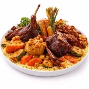 COUSCOUS ROYAL : Jarret d'agneau braisé, pois chiches, carottes, courgettes et pommes de terre servis sur du couscous, garni d'herbes fraîches et de légumes sur fond blanc.