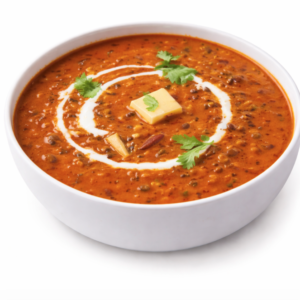 Un bol de DAAL MAKHANI (250 g) servi crémeux et riche, garni d'un tourbillon de crème, d'une noix de beurre et de feuilles de coriandre fraîche.