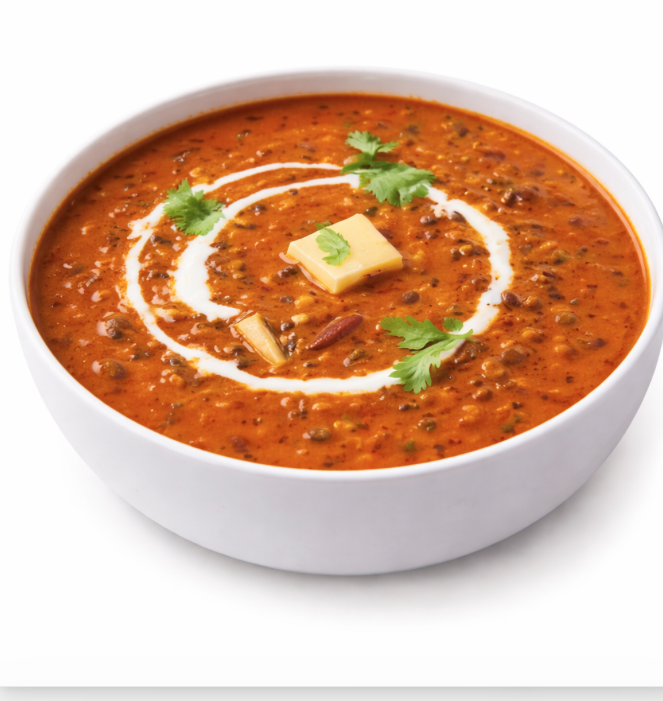 Un bol de DAAL MAKHANI (250 g) servi crémeux et riche, garni d'un tourbillon de crème, d'une noix de beurre et de feuilles de coriandre fraîche.