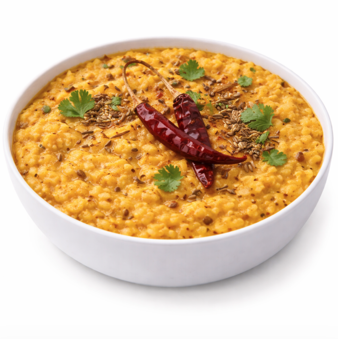Une portion de DAAL TADKA (250 g) est présentée dans un bol blanc, avec du dal de lentilles jaunes garni de piments rouges séchés, de graines de cumin et de feuilles de coriandre fraîche sur un fond blanc.