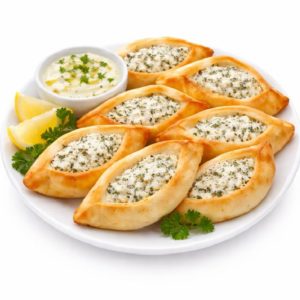 Une assiette blanche contient sept FATAYER FROMAGE (80 g chacun), des pâtisseries dorées en forme de barque, fourrées de fromage aux herbes et garnies de persil. Des quartiers de citron et un bol de sauce sont servis à côté. Commande minimum : 5 pièces.