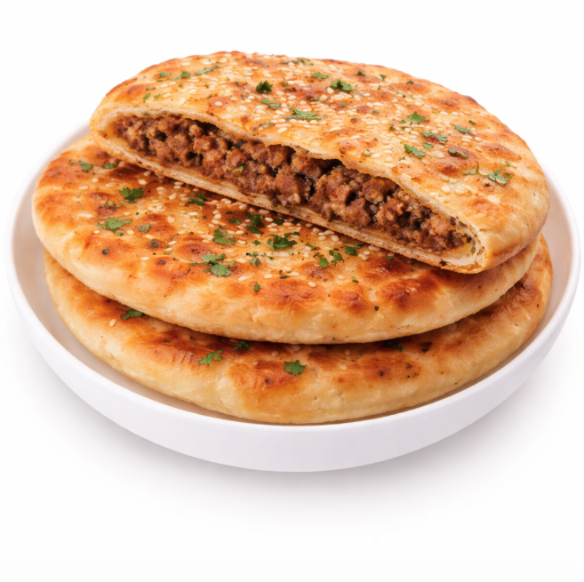 Trois KEEMA NAN (Pièce) sont empilés sur une assiette blanche, le plus haut étant ouvert pour montrer la farce de viande hachée assaisonnée et garnie d'herbes.