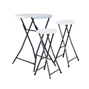 L'ensemble MANGE DEBOUT HAUT 110cm comprend une table ronde blanche et deux tabourets assortis avec des pieds en métal noir, tous pliables et présentés sur un fond blanc uni.