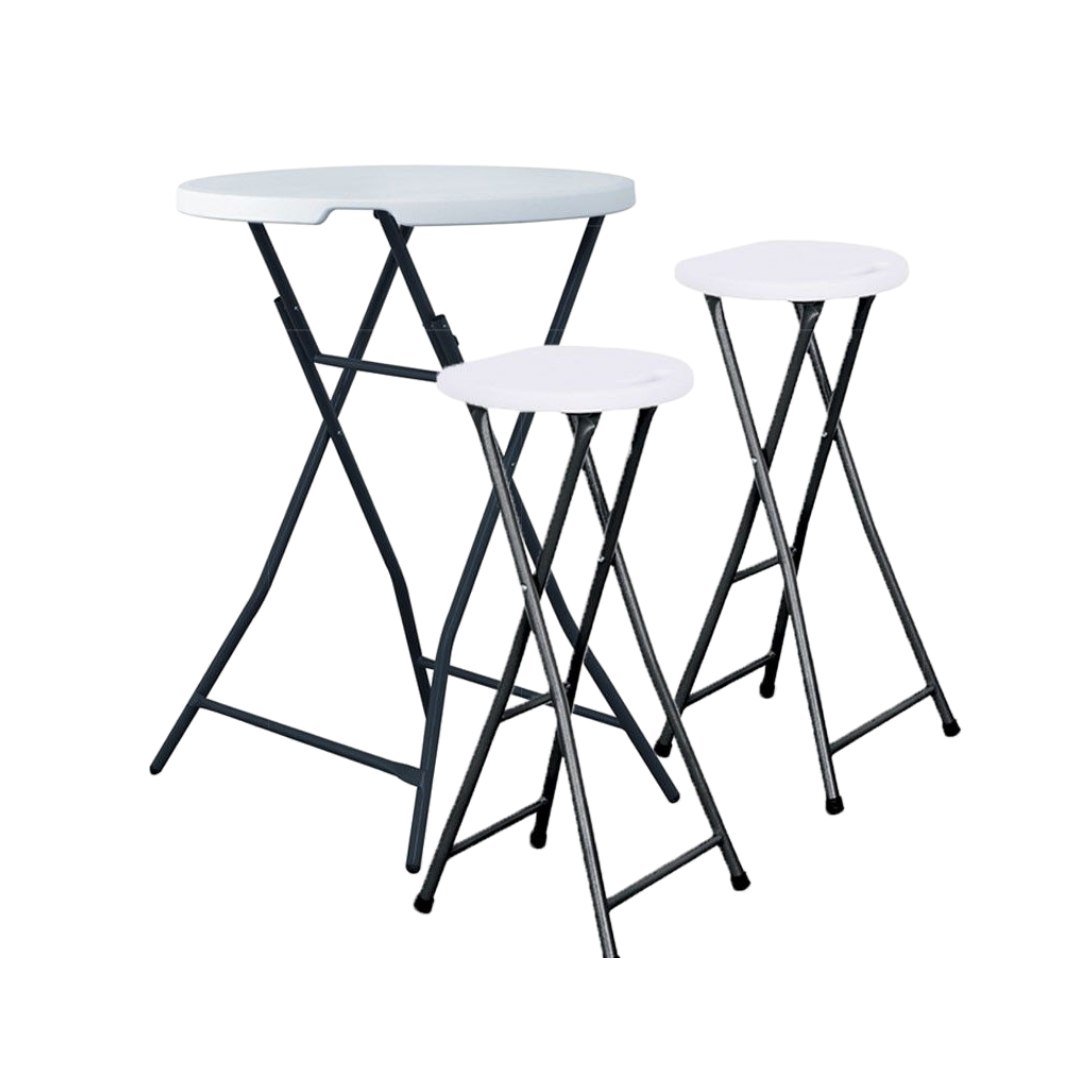 L'ensemble MANGE DEBOUT HAUT 110cm comprend une table ronde blanche et deux tabourets assortis avec des pieds en métal noir, tous pliables et présentés sur un fond blanc uni.
