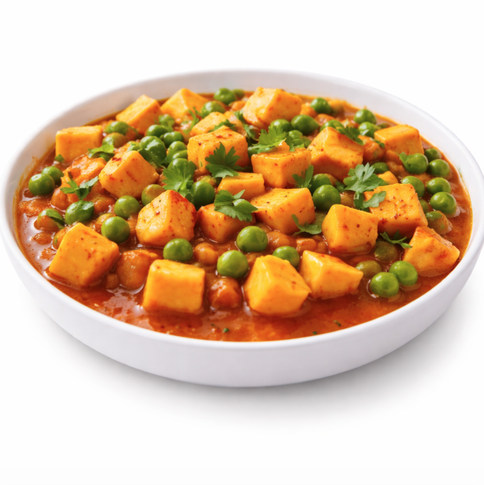 Un bol blanc rempli de MATTAR PANEER (250g), un curry indien composé de cubes de paneer, de pois verts et de pois chiches dans une sauce tomate épicée, garni de coriandre fraîche.