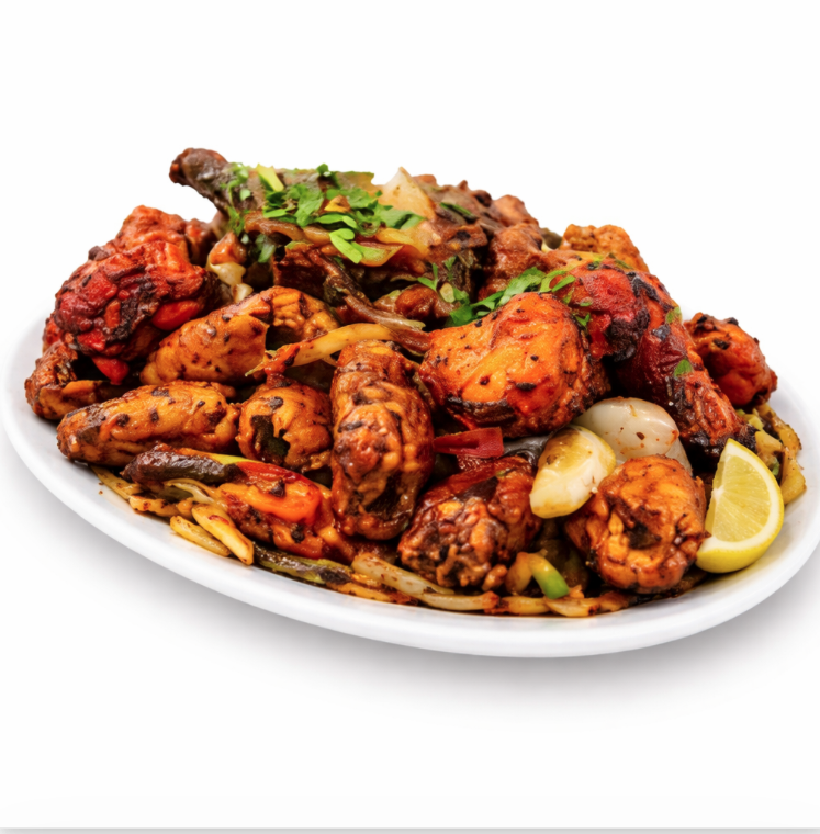 Assiette blanche avec MIX GRILLES (400g) ailes de poulet et légumes grillés et assaisonnés, garnis d'herbes fraîches et de quartiers de citron, sur fond blanc uni.