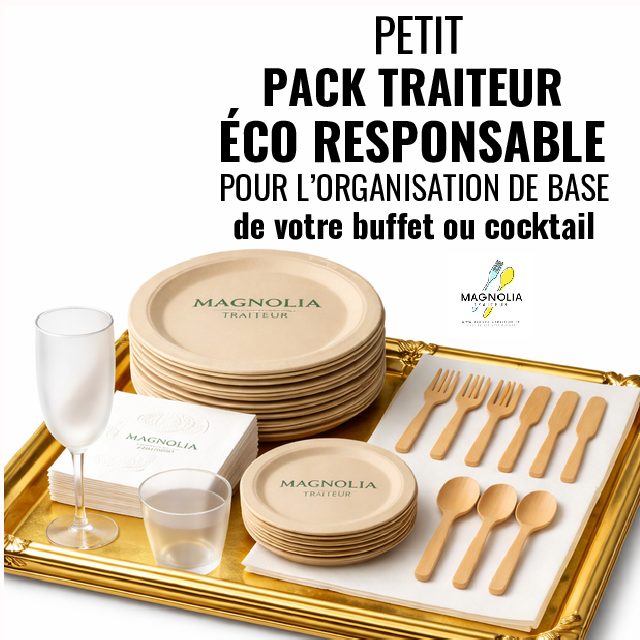 PETIT PACK TRAITEUR ECO RESPONSABLE (Assiettes, verres, couverts, serviettes...)