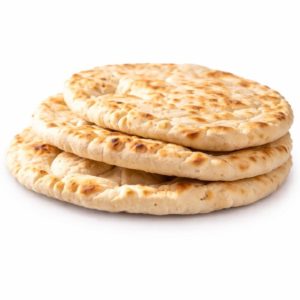 Trois morceaux de PAIN LIBANAIS (Accompagnement - Min de commande 5 parts 60g/La part) sont empilés sur un fond blanc, montrant une texture légèrement gonflée et des taches brunes dorées.
