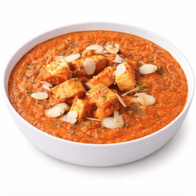 Un bol blanc de PANEER TIKKA MASALA (250g) comprenant des cubes de paneer dans une sauce crémeuse à l'orange, garnis d'amandes tranchées et d'herbes.