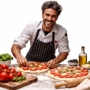 Un chef souriant en tablier rayé prépare des pizzas à volonté avec des tomates fraîches, du basilic et du fromage pour l'ANIMATION PIZZAIOLO A DOMICILE, entouré de délicieux ingrédients sur un comptoir sur fond blanc.