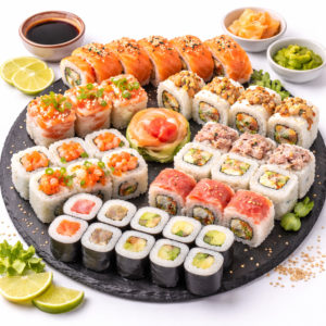 Le PLATEAU CALIFORNIA ET MAKI se compose d'un plateau noir rond avec un assortiment de rouleaux de sushi - maki, nigiri, uramaki - garnis de poisson, de légumes et de graines de sésame. Ils sont servis avec de la sauce soja, du gingembre mariné, du wasabi et des tranches de citron vert.