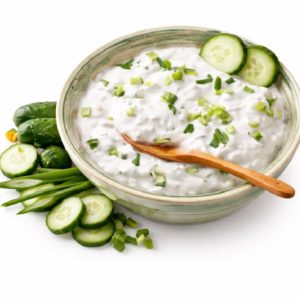 Un bol de RAÏTA (Minimum de commande 5 parts 200g/part), crémeux et garni d'oignons verts hachés et de tranches de concombre, est servi avec une cuillère en bois, des concombres frais et des oignons verts sur le côté.