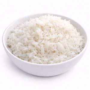 Un bol blanc rempli de RIZ BLANC (Minimum de commande pour 5 pers/200g/) se trouve sur un fond blanc uni.