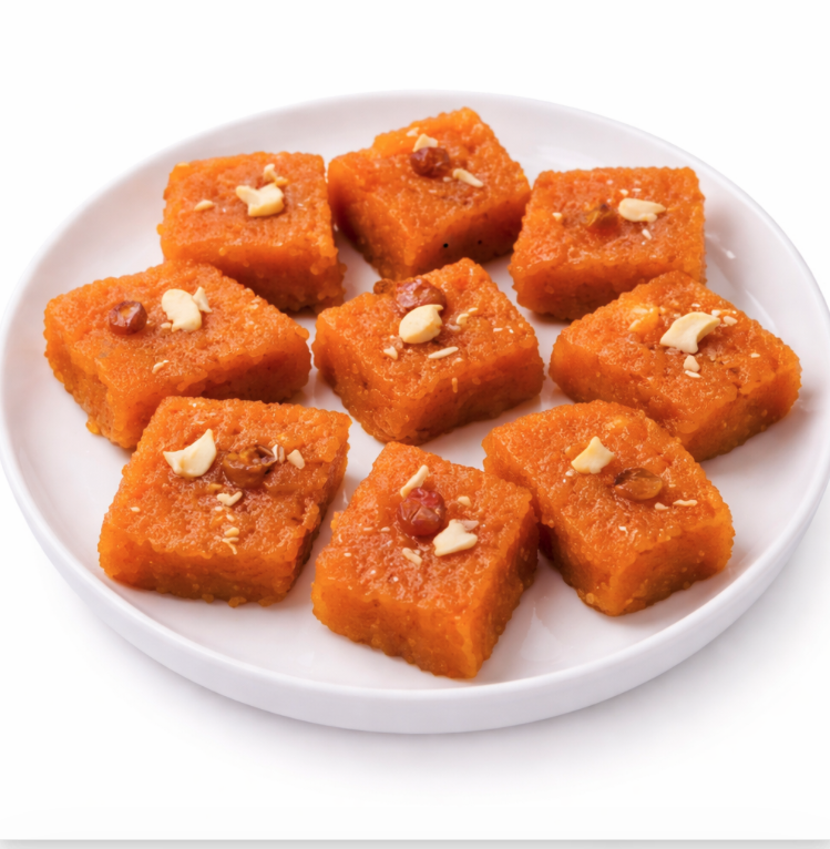 Une assiette blanche avec dix pièces carrées de SUJI HALWA (Barquette de 10 pièces), une friandise indienne orange, garnie de noix de cajou et de raisins secs hachés, disposée proprement sur un fond blanc.
