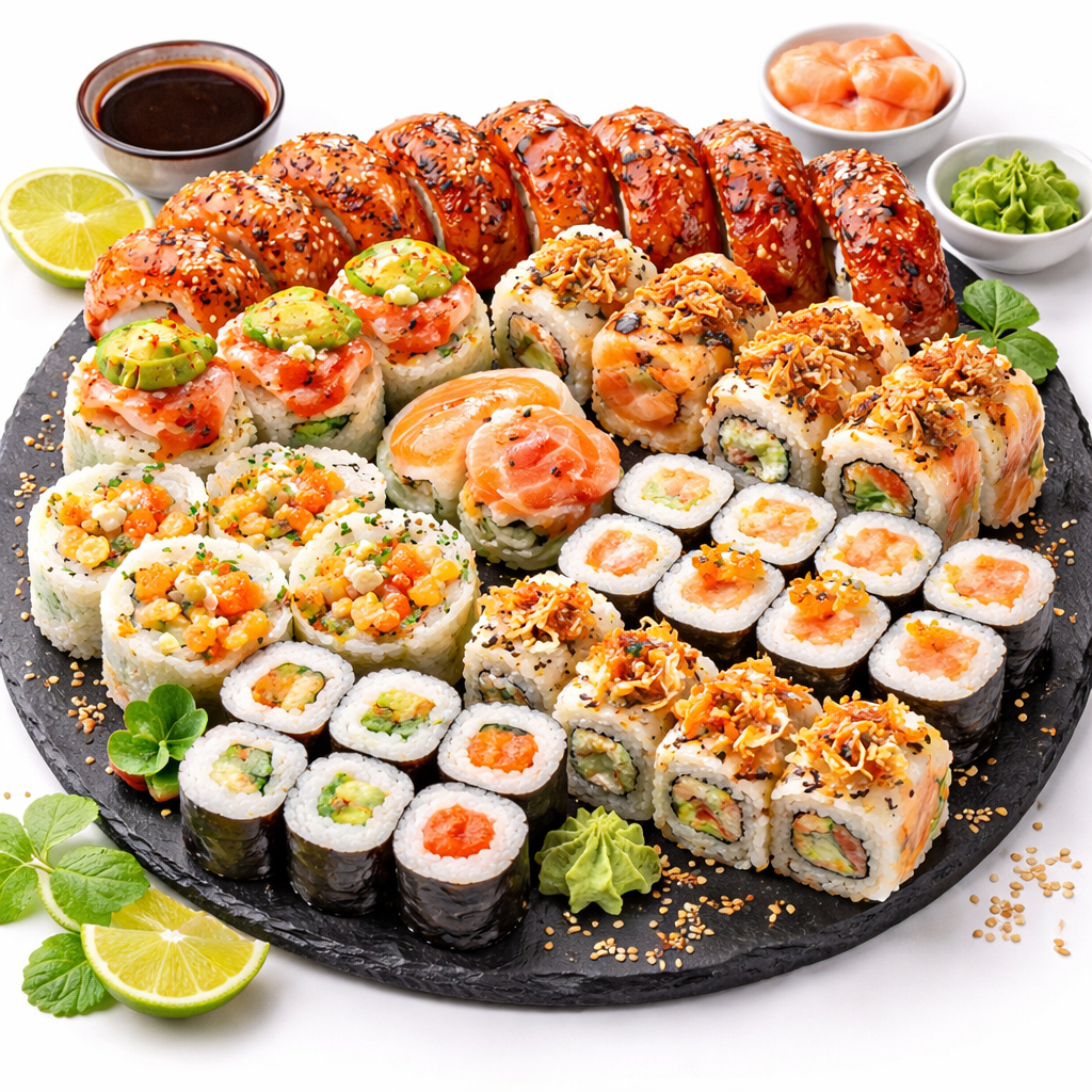 Le PLATEAU SUSHIS DE LUXE est un plateau noir rond présentant un assortiment de rouleaux de sushi avec des graines de sésame, du gingembre, du wasabi, des tranches de citron vert et des feuilles de menthe. Des petits bols de sauce soja, de gingembre et de wasabi accompagnent le plateau.