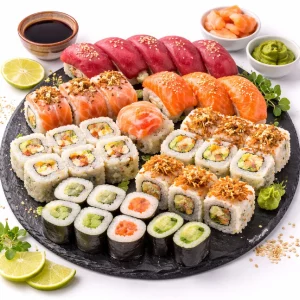 Le PLATEAU SUSHIS PREMIUM comprend un assortiment de nigiri, de maki et d'uramaki magnifiquement présentés sur une ardoise noire, agrémentés de wasabi, de gingembre mariné et de tranches de citron vert, et servis avec un bol de sauce soja.