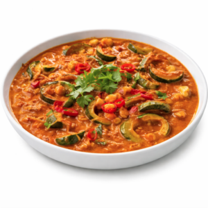 Une portion de VEGETABLE CURRY (250g) comprenant du curry crémeux avec des pois chiches, des tranches de courgettes, des piments rouges et de la coriandre fraîche, présenté dans un plat blanc.