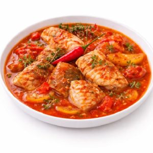 VIVANEAU AU COURT BOUILLON : Ragoût de poisson blanc dans un bouillon de tomates avec des poivrons jaunes, des herbes et un piment rouge entier, garni de thym frais. Commande minimum de 5 plats - 250g par portion. Servi dans une assiette blanche.